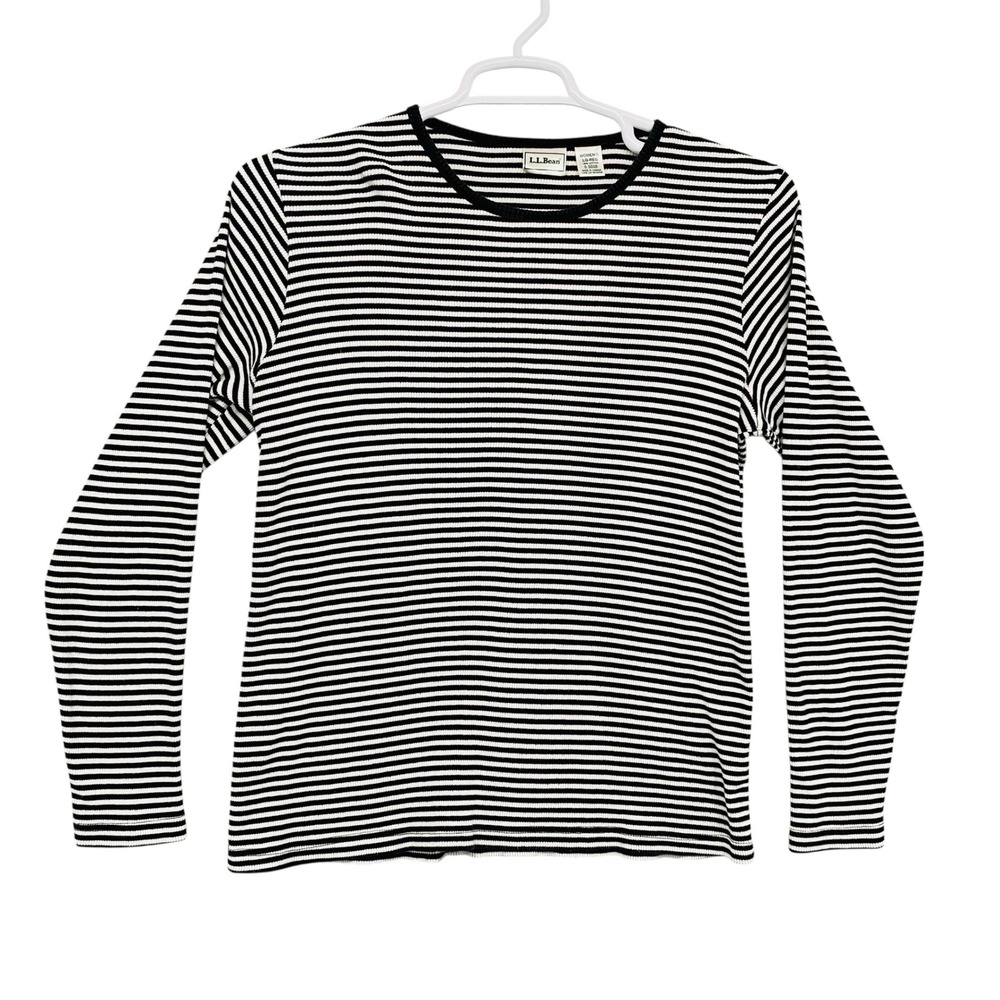 LL Bean Womens Black White Striped Rib Knit Long Sleeve‎ Crew Neck Tee Size L